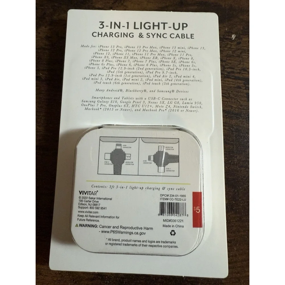 Charging & Sync Cable 3-in-1 Vivitar Light-Up Braided‎ Charger 3 ft